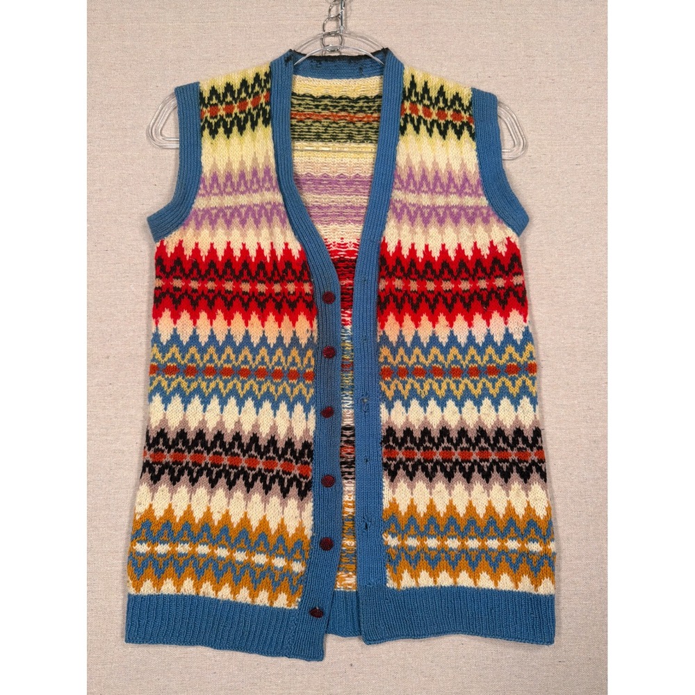 Vintage Handmade Fair Isle Knit Cardigan Vest Rainbow Geometric Sleeveless L